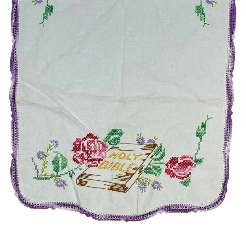 Vintage Cross Stitch Tea Towel Floral Bible Scripture‎ Linen Farmhouse